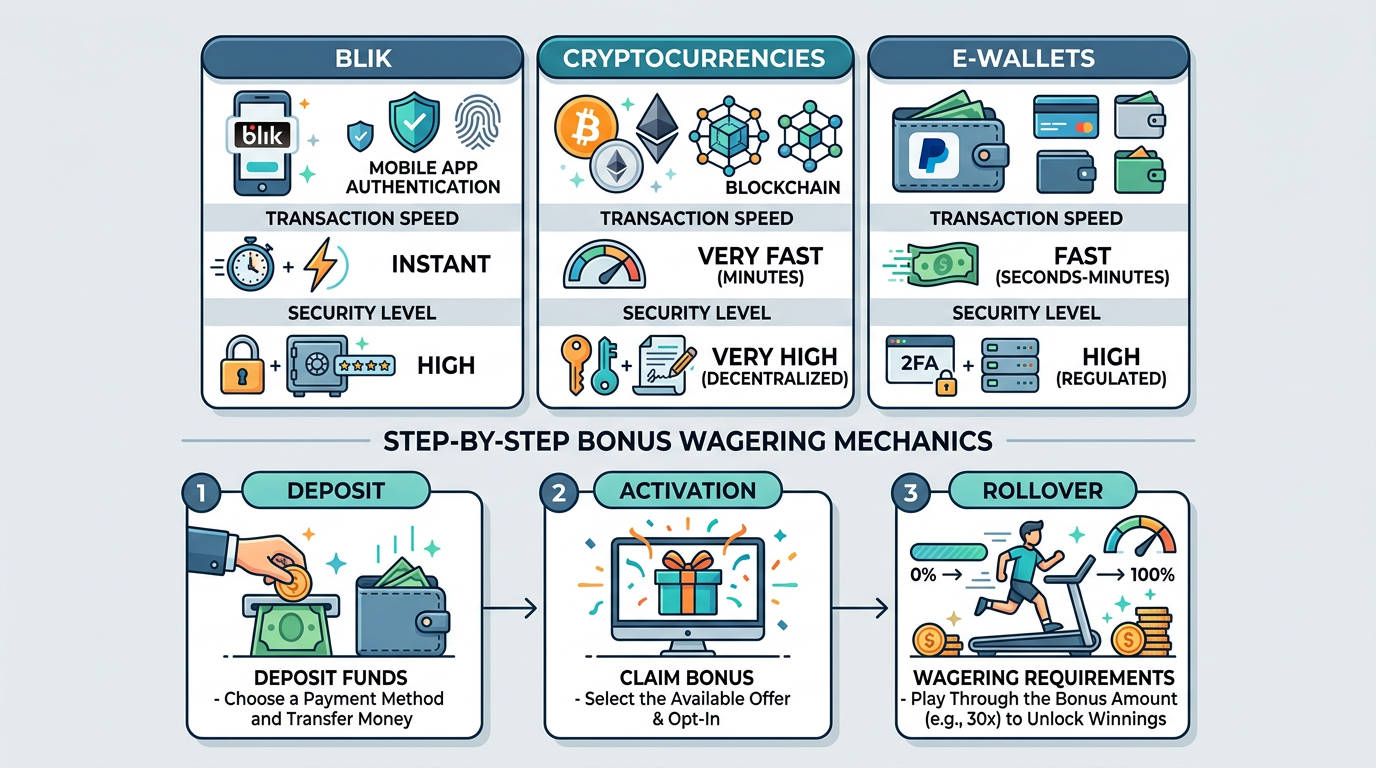 Infografika porównująca metody płatności w kasynach online oraz mechanizm obrotu bonusem.