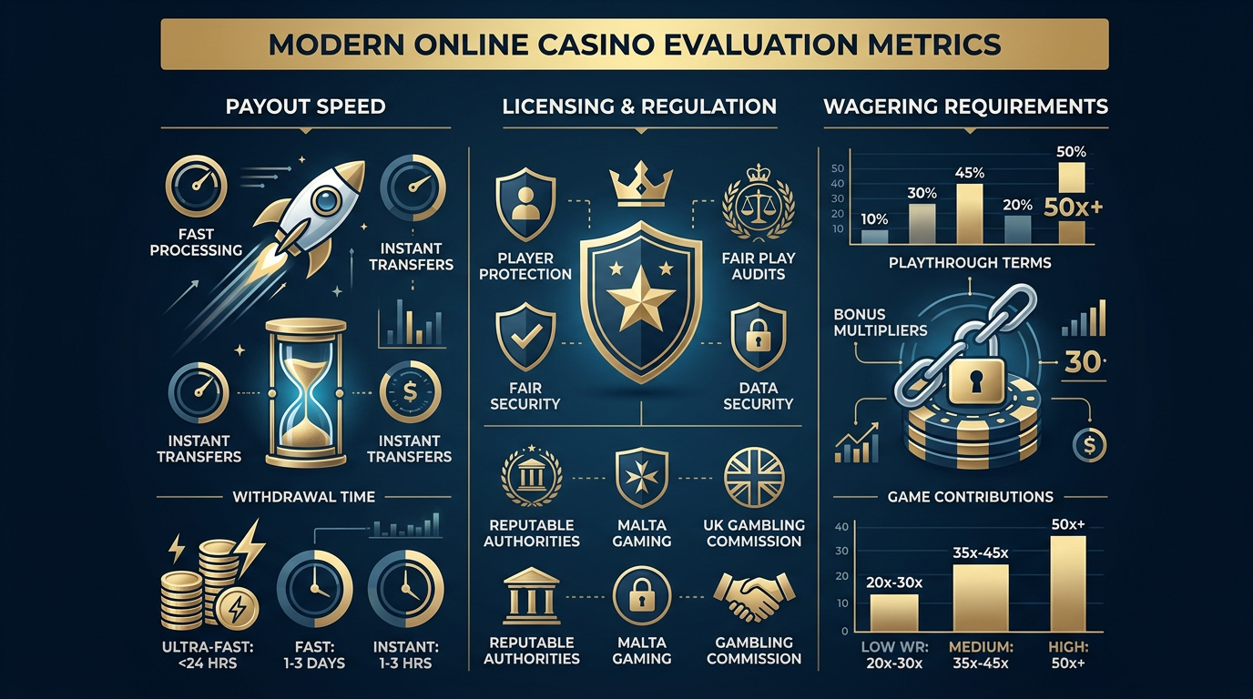 Infografika przedstawiająca kluczowe kryteria oceny kasyn online: licencje, szybkość wypłat i warunki bonusów.