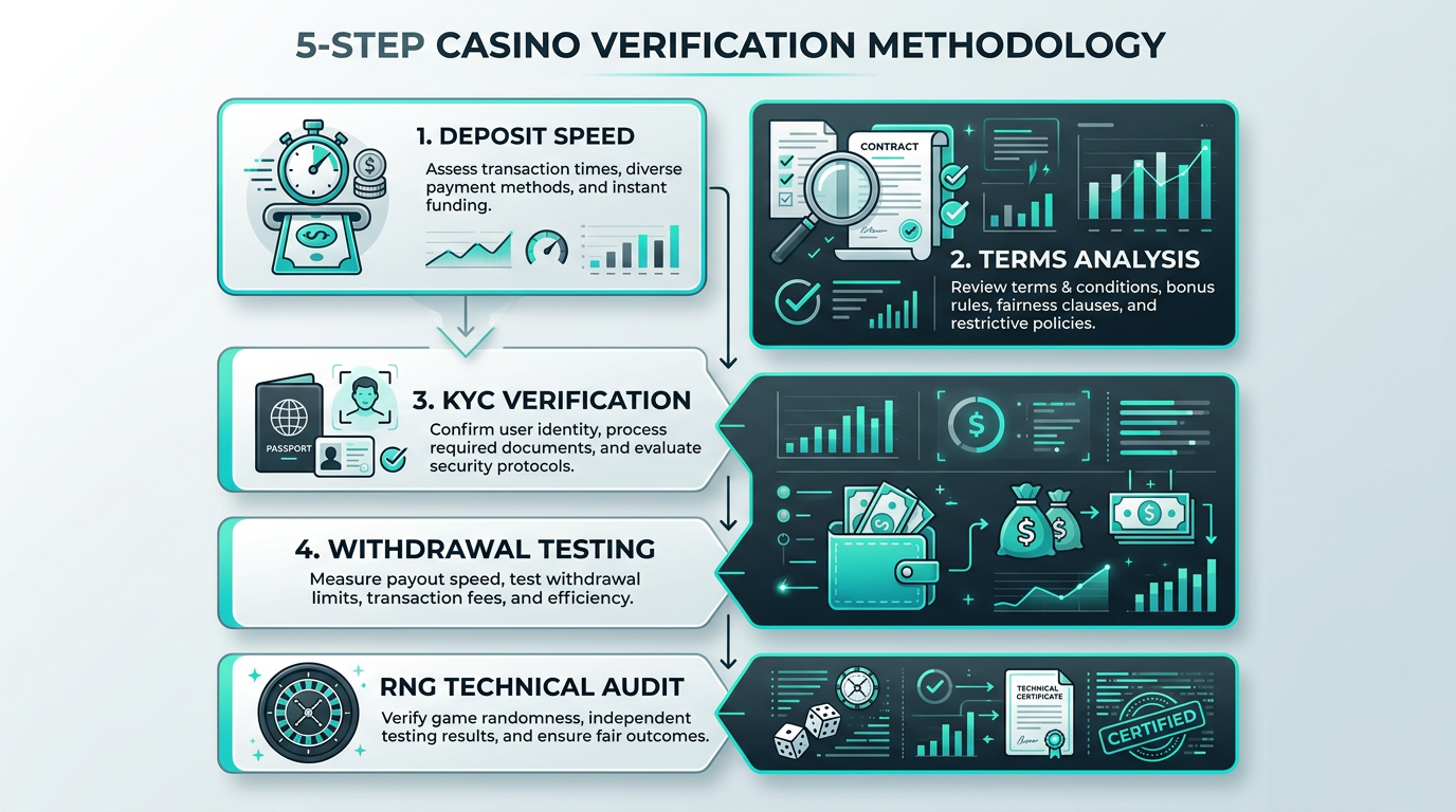 Infografika przedstawiająca 5 kroków rygorystycznego procesu testowania kasyn online, od depozytu po audyt techniczny.