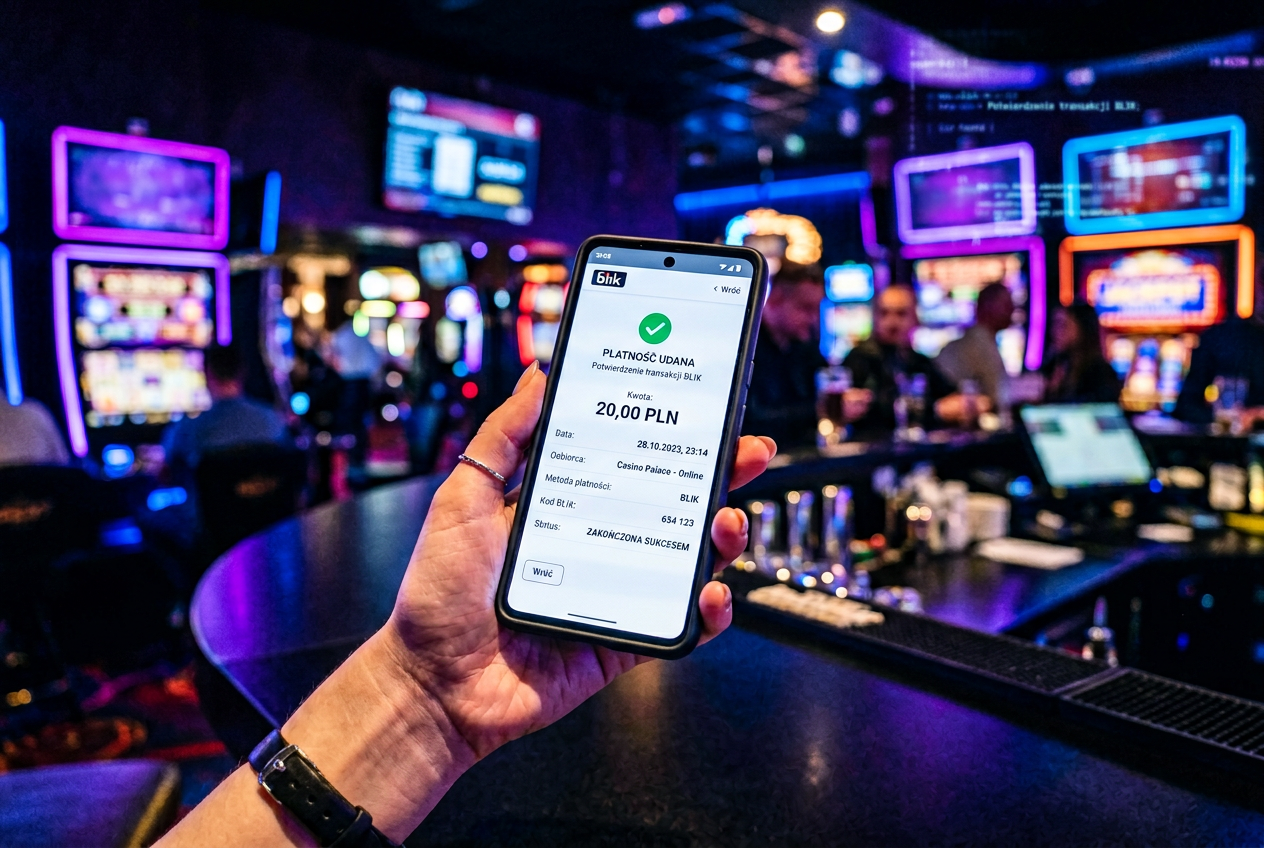 Telefon wyświetlający pomyślną płatność 20 PLN BLIK w polskim kasynie online