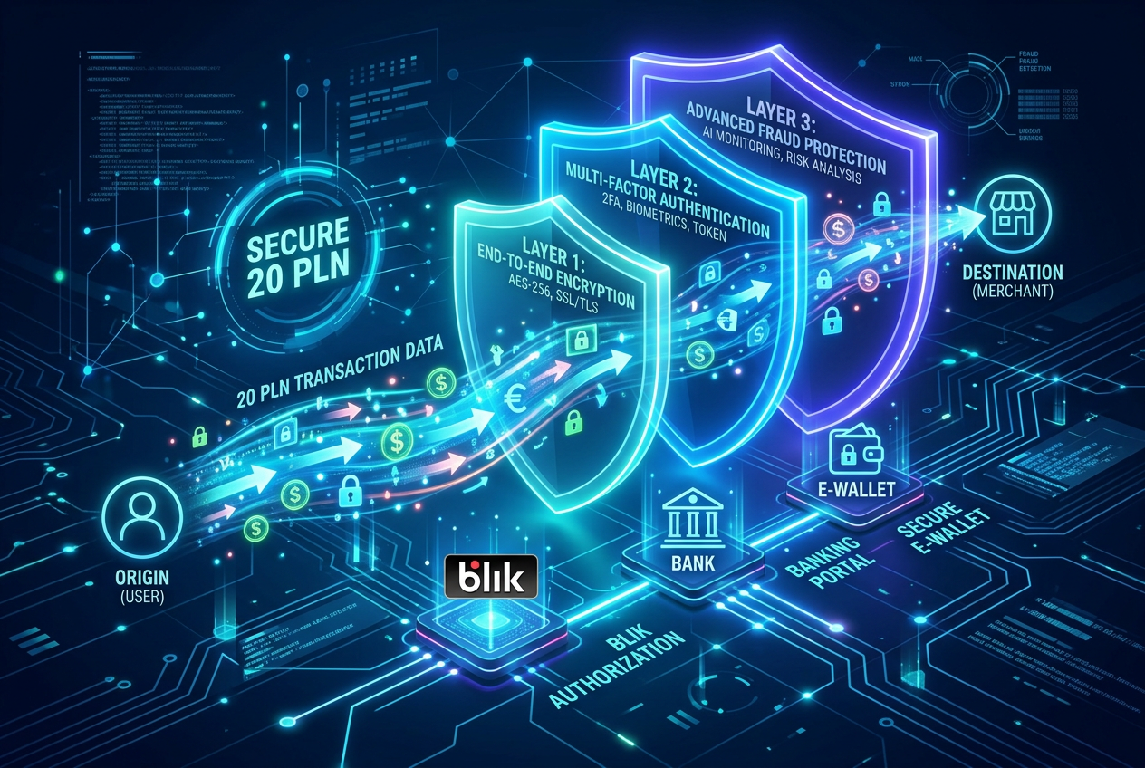 Wizualizacja warstw bezpieczeństwa i bramki płatniczej BLIK łączącej bank z kasynem