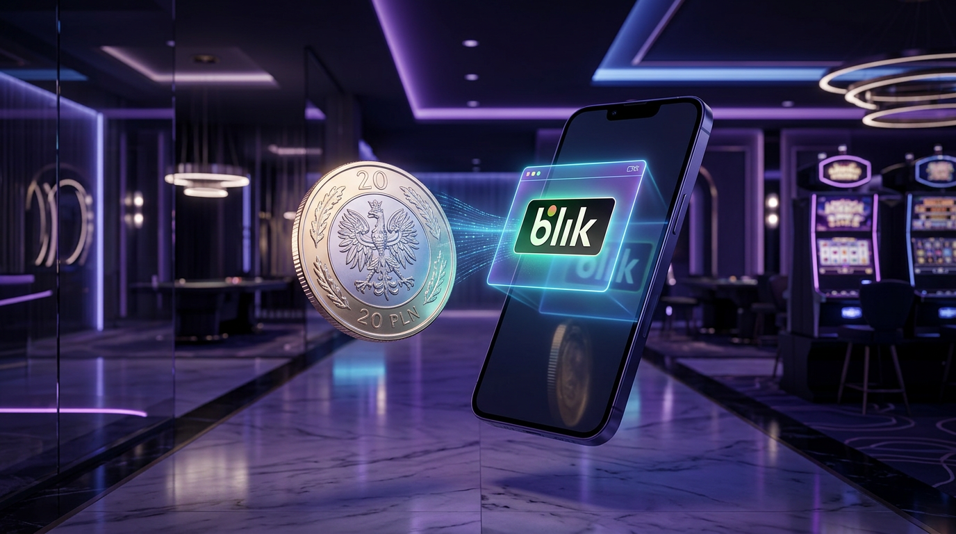 Złota moneta 20 PLN obok kodu BLIK w nowoczesnym kasynie online