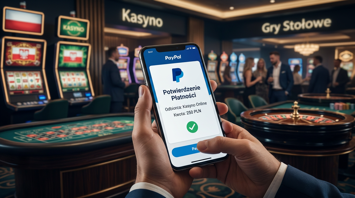 Smartfon z aplikacją PayPal na tle luksusowego kasyna online