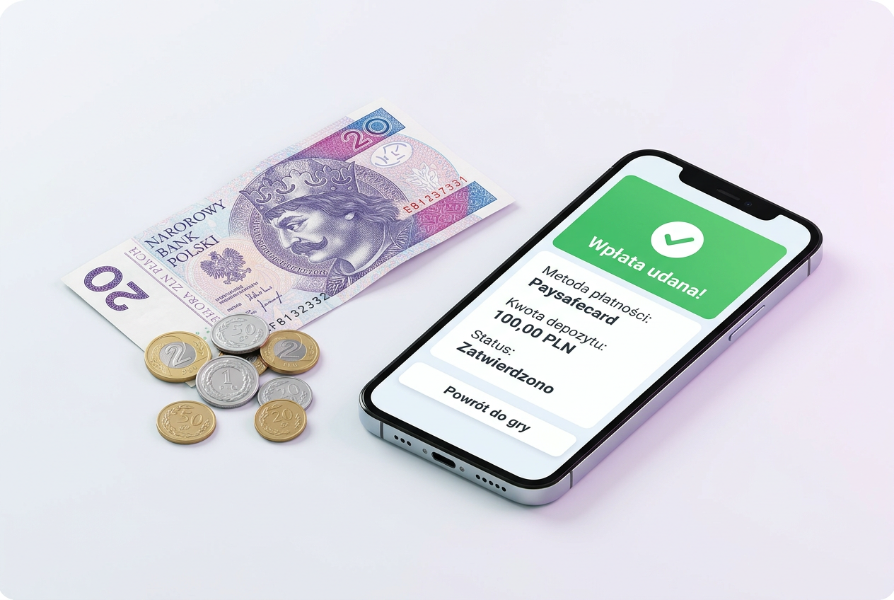 Grafika przedstawiająca monety, banknot 20 PLN oraz ekran laptopa z potwierdzeniem wpłaty przez Paysafecard