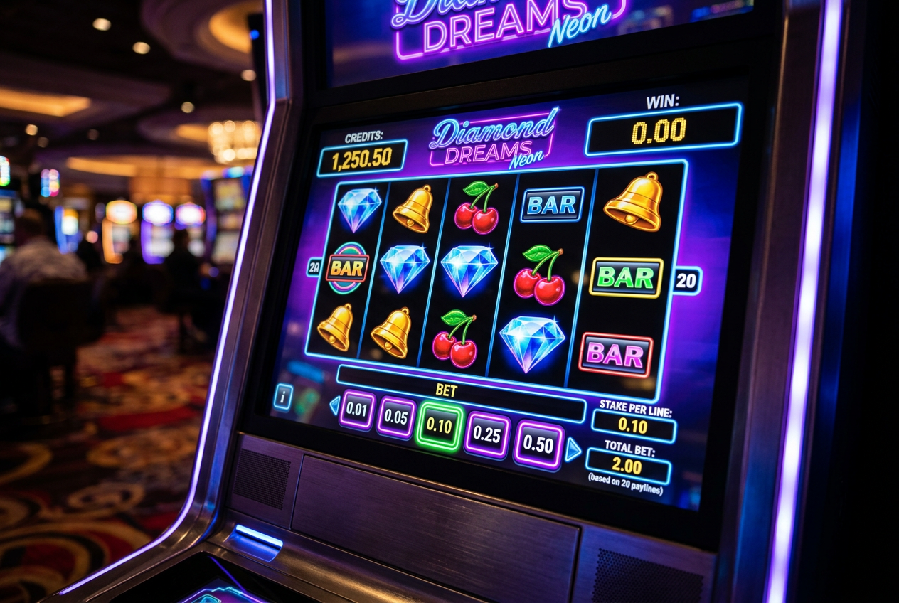 Ekran automatu slotowego penny slot z ustawioną minimalną stawką zakładu